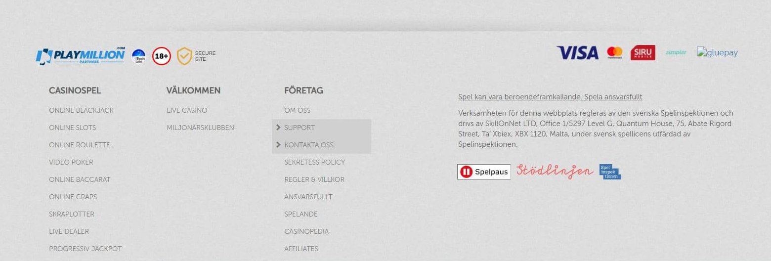 Få support hos PlayMillion via länk överst alternativt nederst på sidan