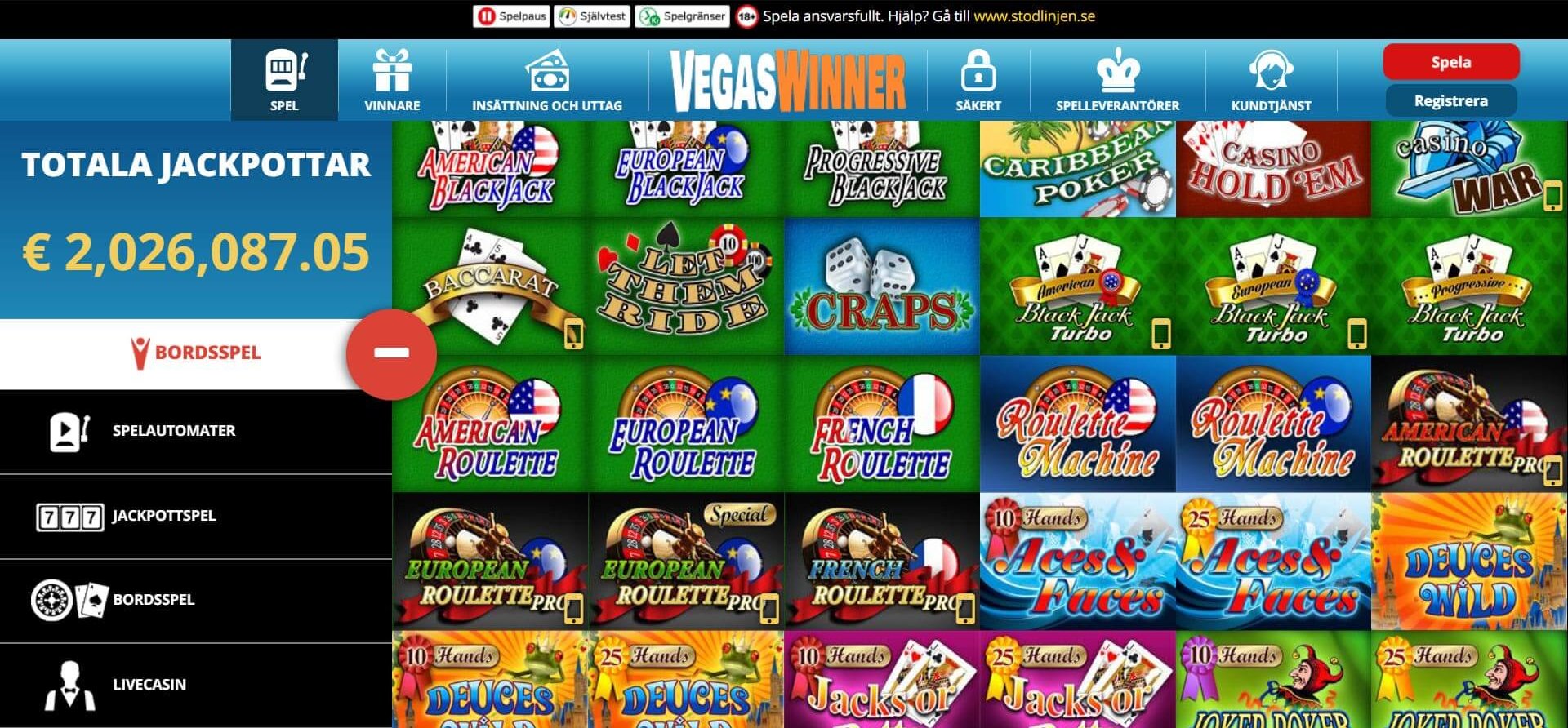 Många bordsspel i en annorlunda layout - på Vegas Winner