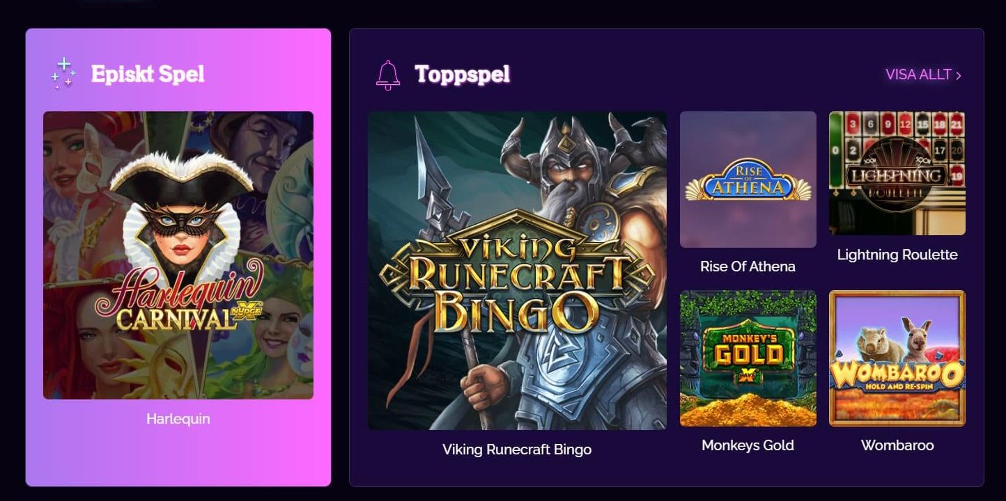 Startsidan för spel hos Casino Epic ger dig en speciell indelning med speltips